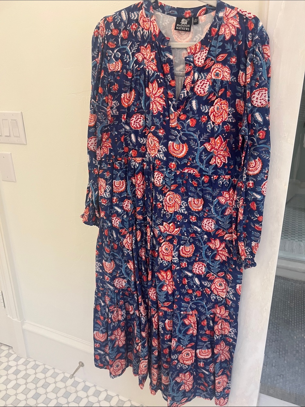 Madison Mathews Navy Floral Blockprint Maxi Dress with Red Accents